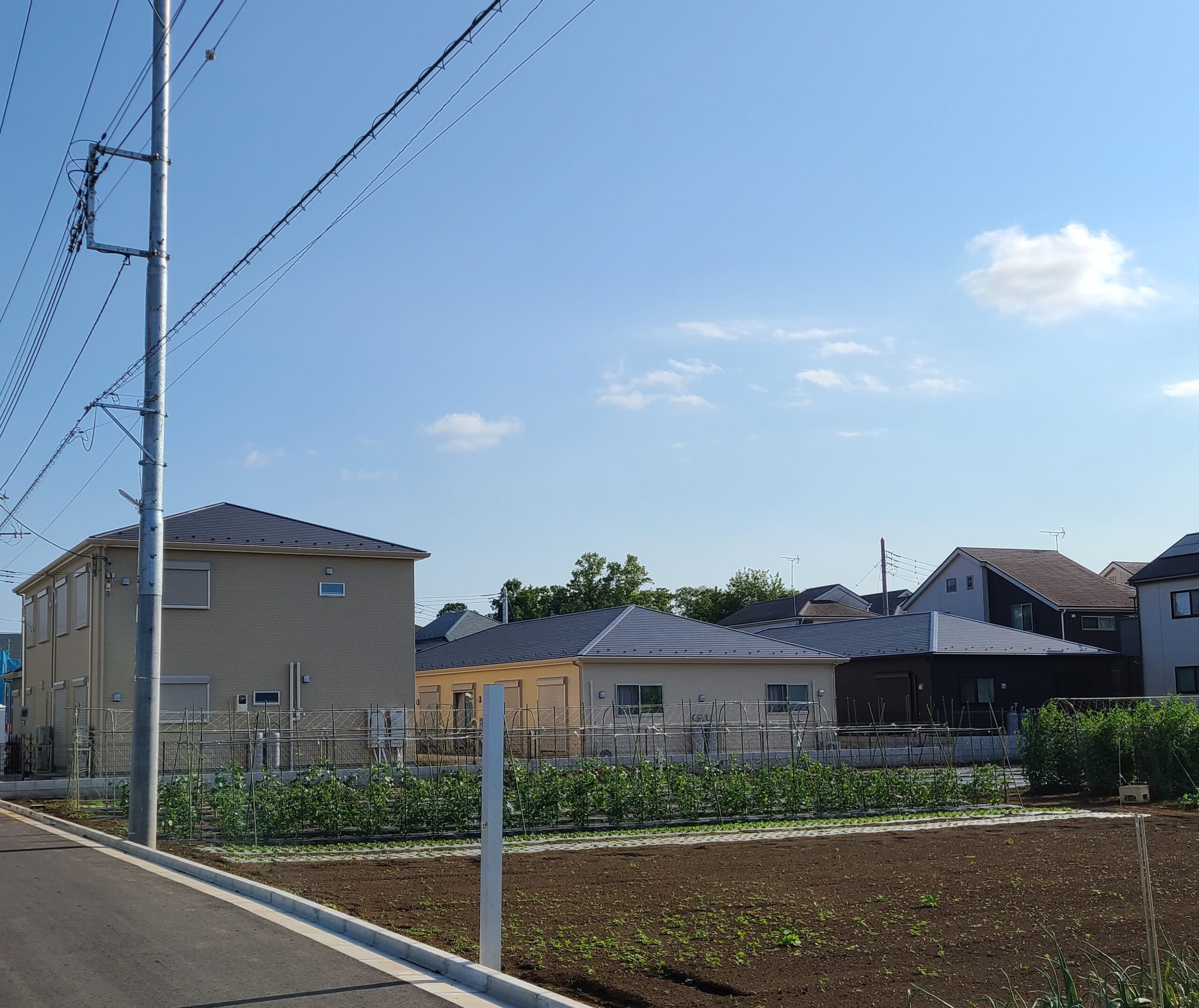 施設に隣接した家庭菜園用の畑と、奥に見える平屋の建物