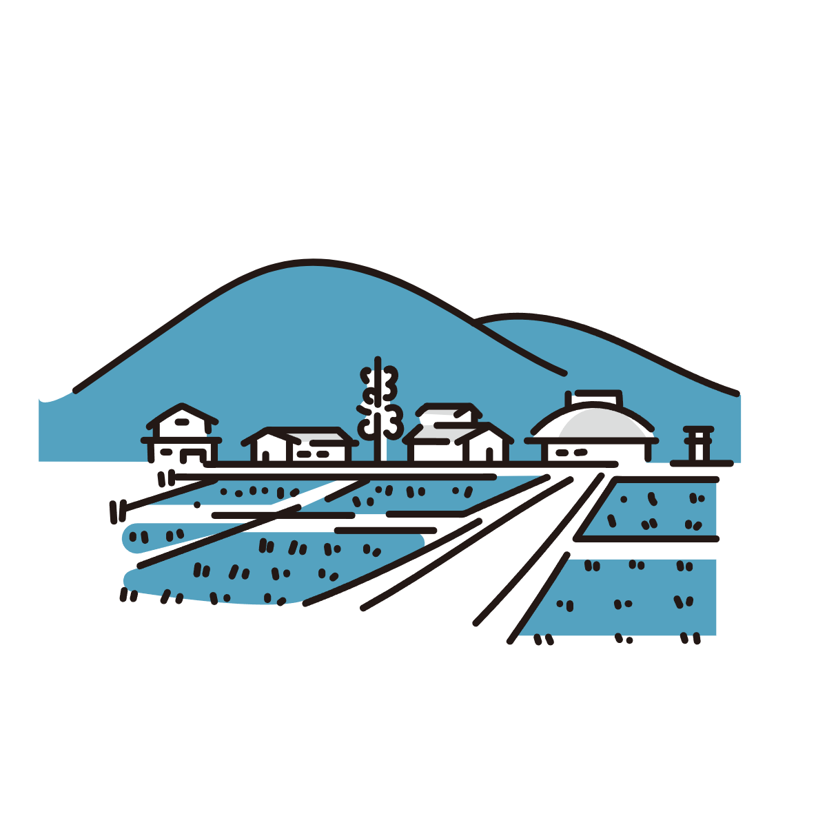 水辺の街並みの線画イラスト