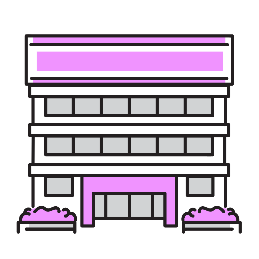 ピンク色のアクセントがある、黒い3階建ての施設のシンプルなイラスト。